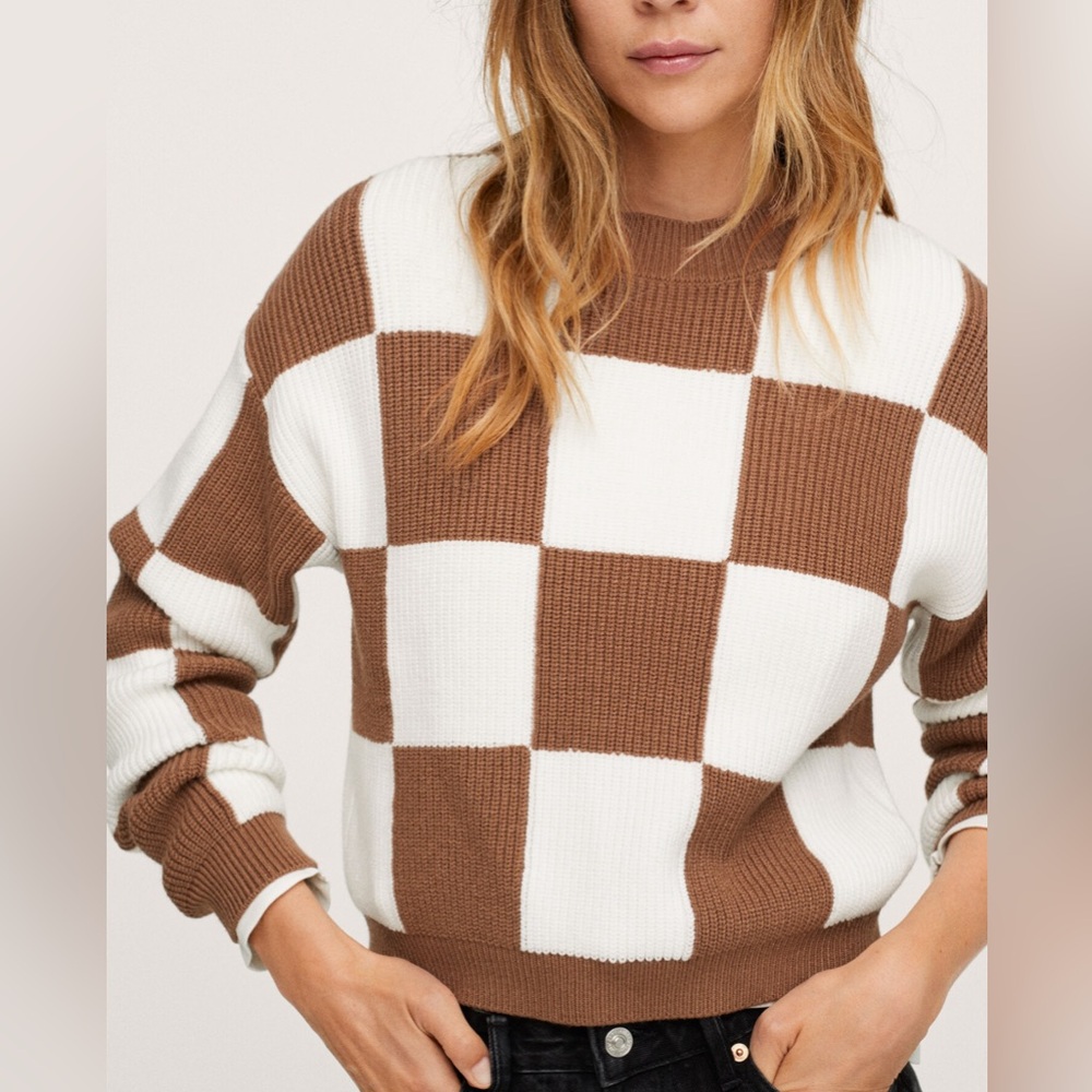 Brown and White Checkered Crop Sweater - Picture 2 of 4